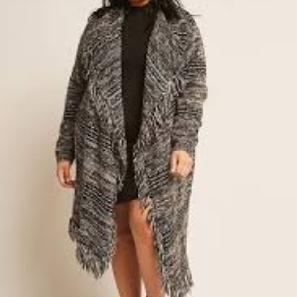 Plus Size Marled Open-Front Fringe Cardigan